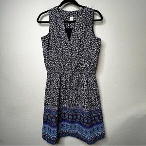 GAP Sleeveless Mix Print Pintuck Shirtdress XS Navy Tie Waist Lined
